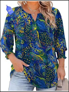 Plus Size 3/4 Sleeve V-Neck Tunic Top Loose Casual Blouse 1X-5X